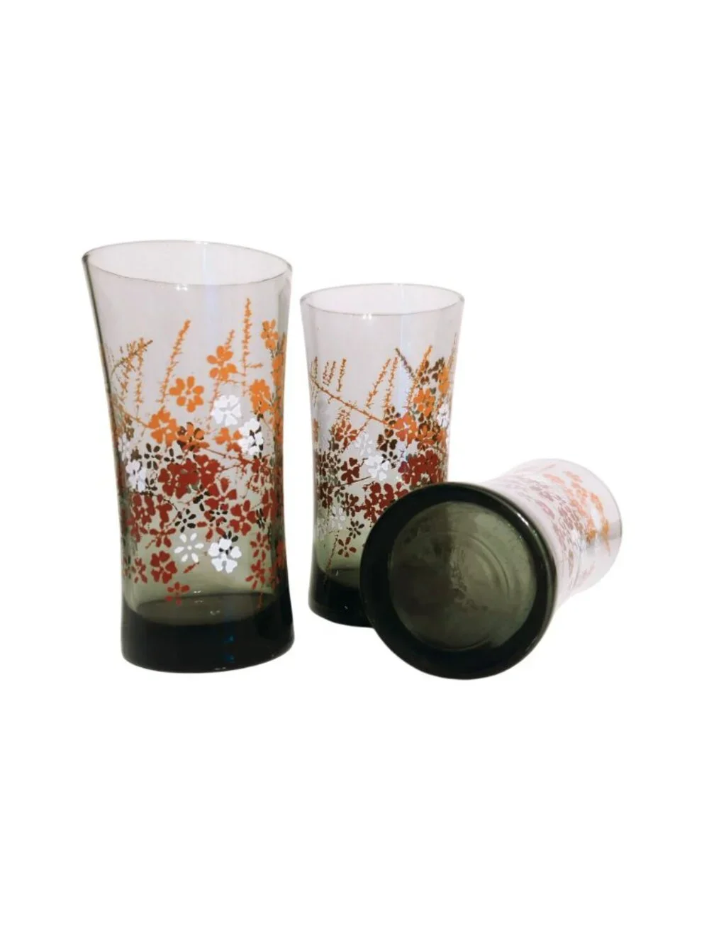 Vintage Libbey 70s Glass Tumblers Set Floral Tawny Orange Smoke 14oz Fall Vibes